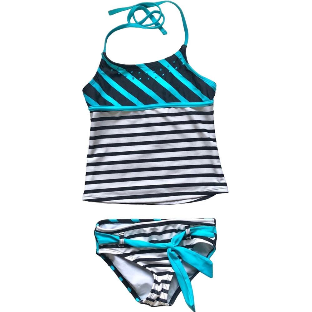 Girls 7 Justice Black White Turquoise Teal Blue Stripe Halter Tankini Swimsuit